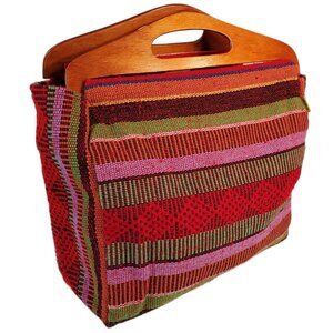 Artesanias MR Pinzon Mexican Woven Multicolor Boho Tote w/ Wooden Handles